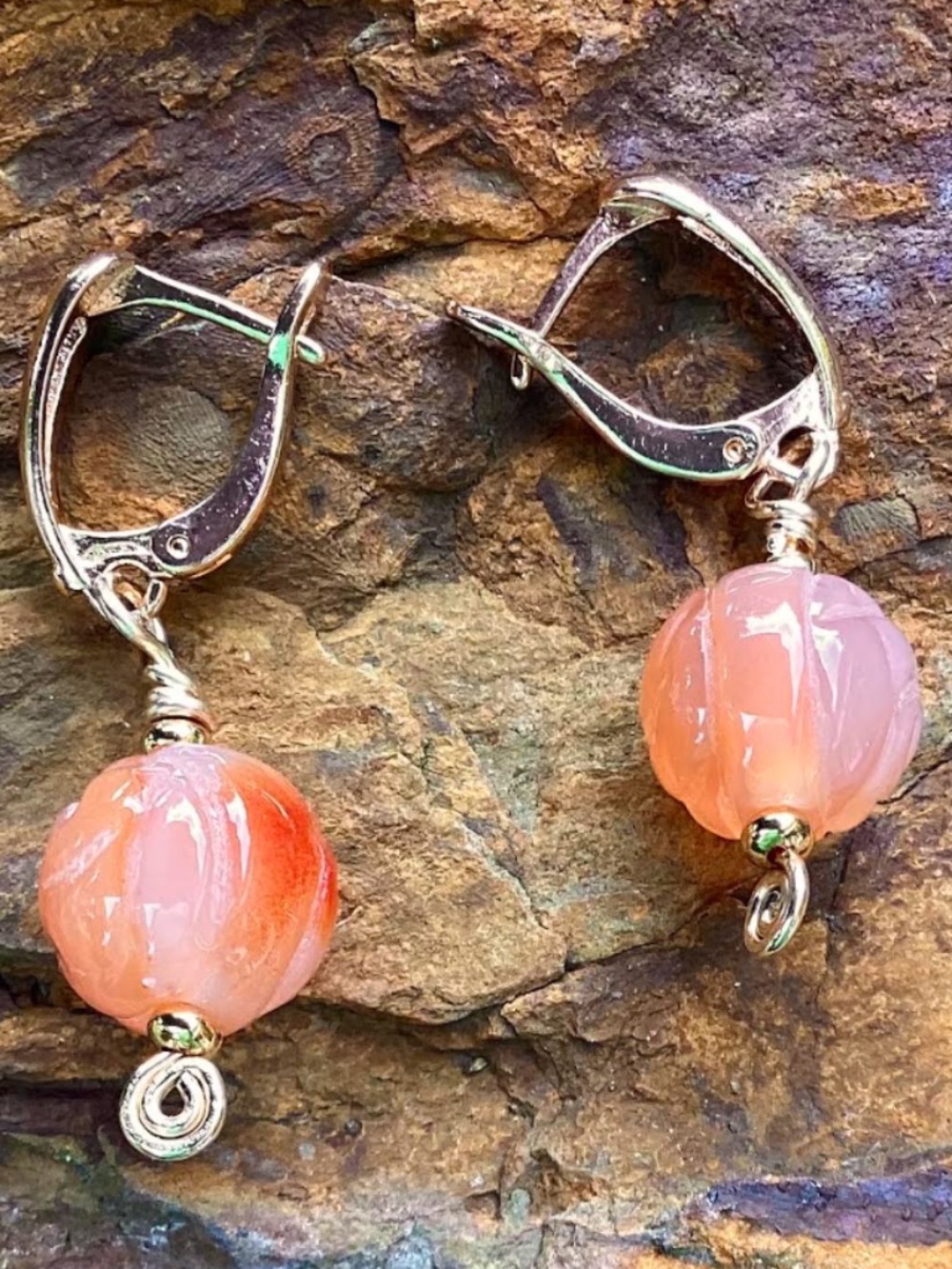Handmade Carved Carnelian Bead Gold Tone Earrings, NWT